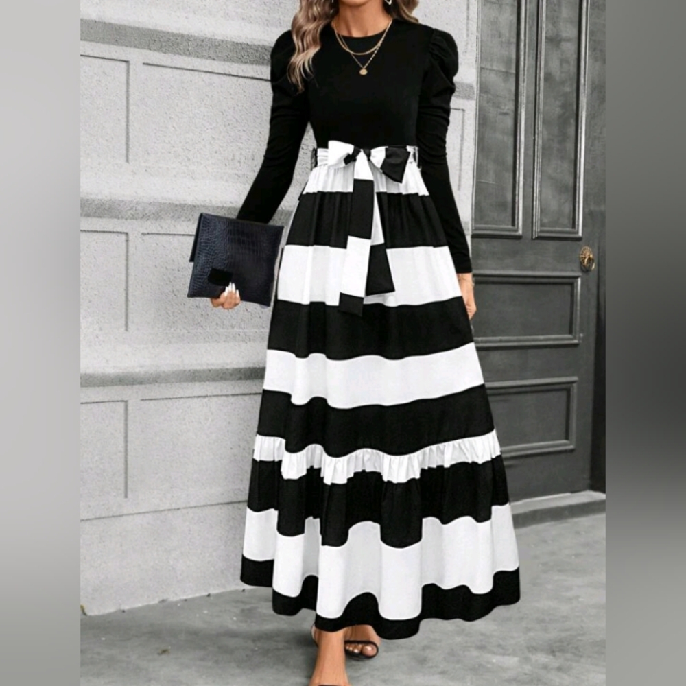 Elegant Black and White Striped Maxi Dress